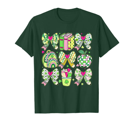 St Patricks Day Teacher Pencil Bow Shamrock Apple Girl Women T-Shirt