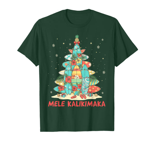 Hawaiian Surfboard Christmas Tree Mele Kalikimaka Tropical T-Shirt