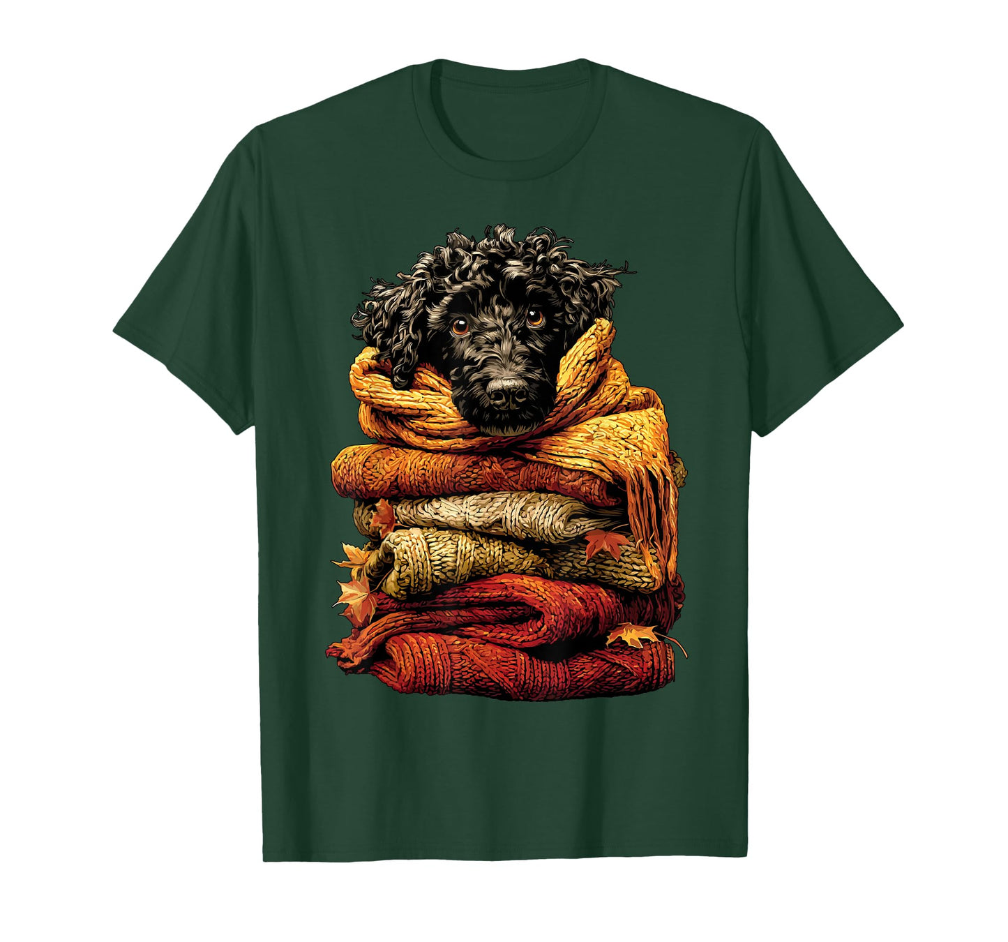 Colorful Poodle Resting with Fall Leaves Cozy Autumn Dog T-Shirt