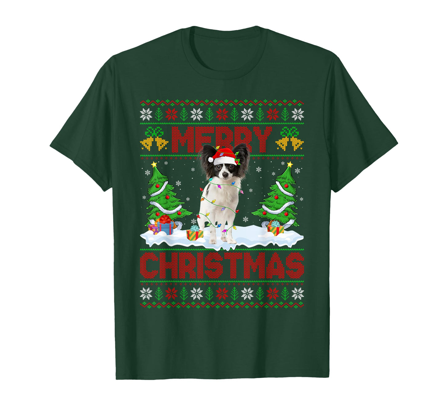 Papillon Dog Christmas Ugly Sweater Funny Santa Hat Dog Xmas T-Shirt
