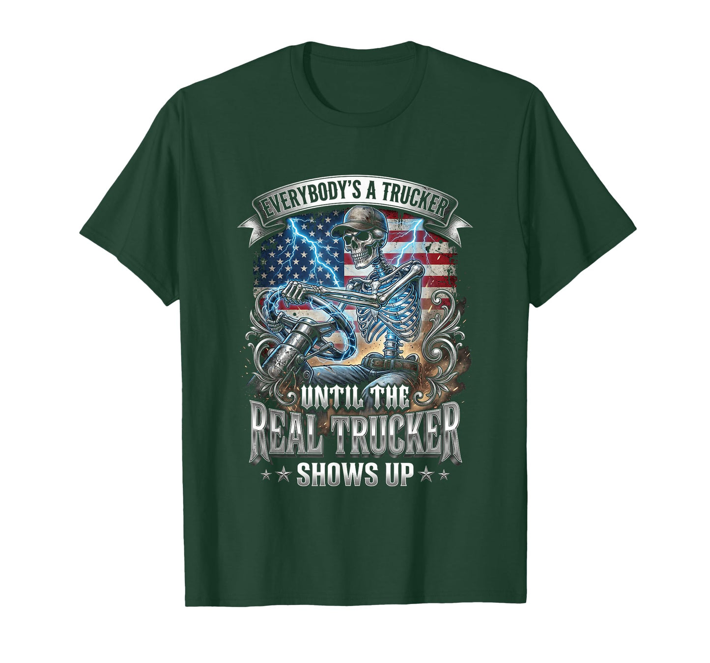 American Flag Skeleton Trucker Semi Driver Big Rig T-Shirt