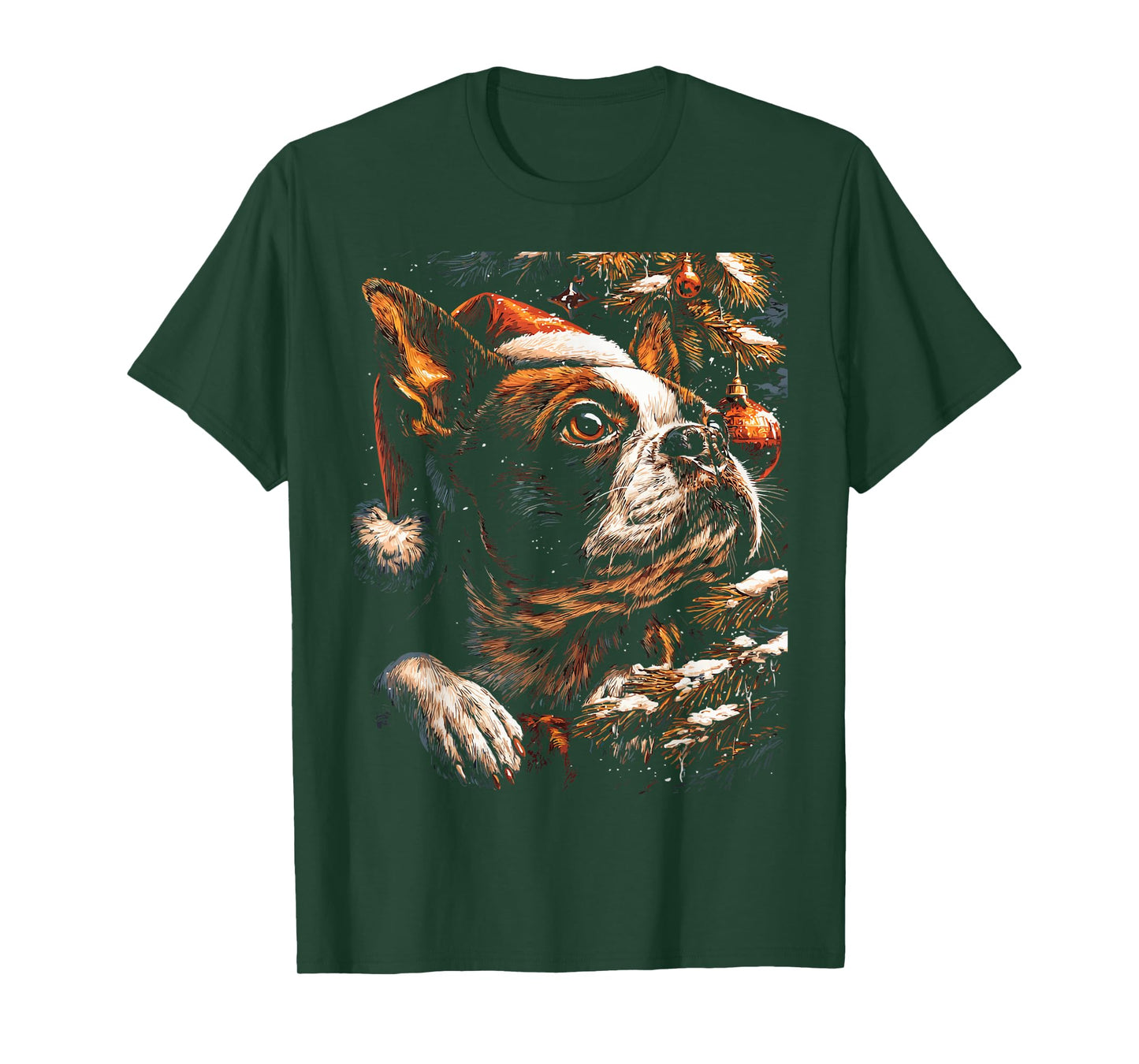 Christmas Boston Terrier Santa Hat Festive Winter Snowy Dog T-Shirt