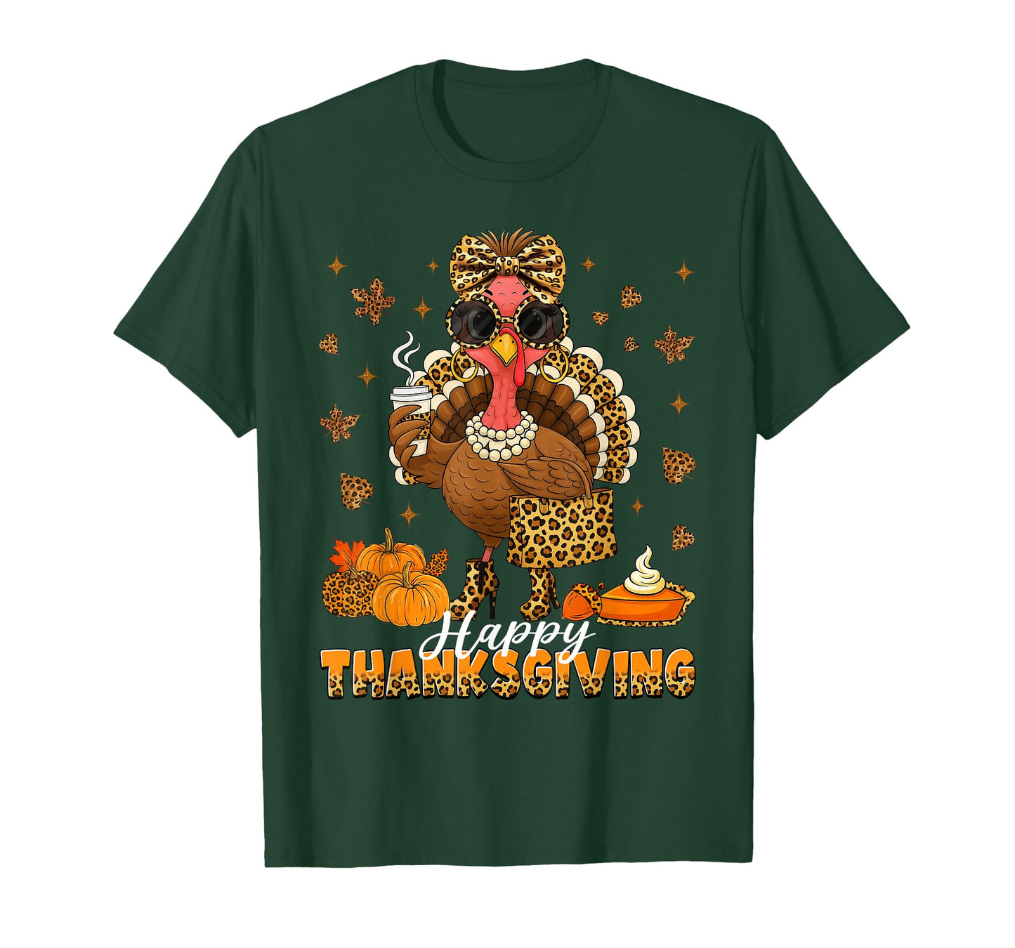 Leopard Bougie Turkey Drinking Coffee Happy Thanksgiving T-Shirt