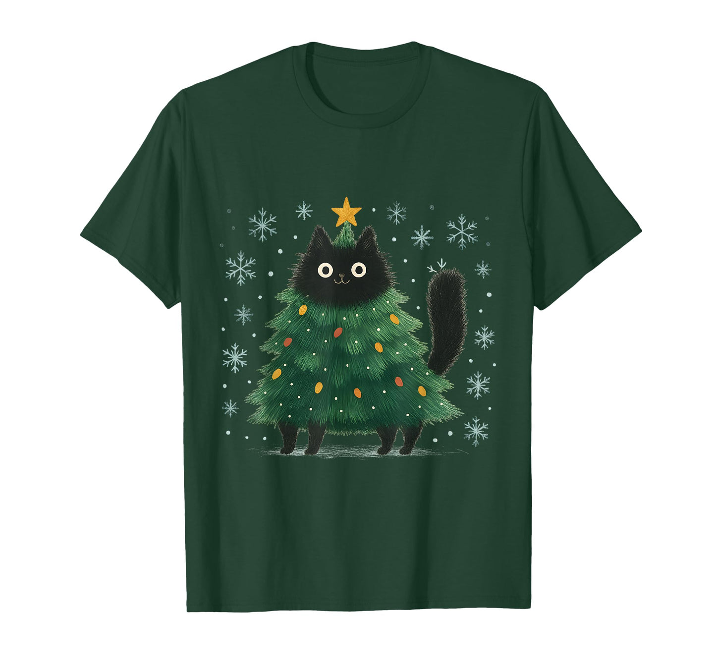 Cute Christmas Tree Cat Funny Holiday Snowflake T-Shirt