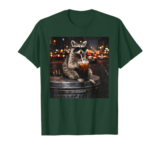 Cool Raccoon Drinking Iced Coffee Animal Cats Meme Graphic T-Shirt
