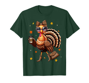 Leopard Turkey Drinking Coffee Thanksgiving Women Turkey Day T-Shirt
