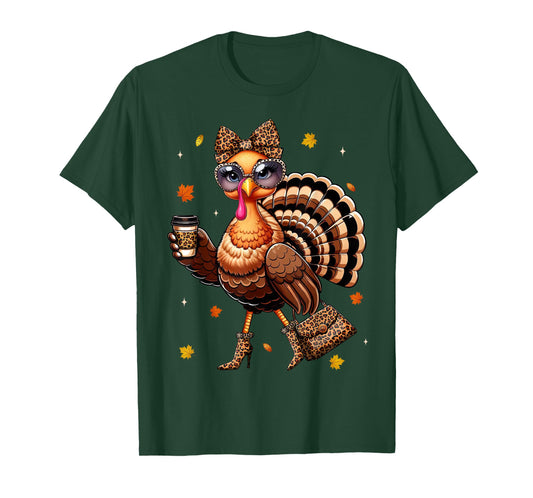 Leopard Turkey Drinking Coffee Thanksgiving Women Turkey Day T-Shirt