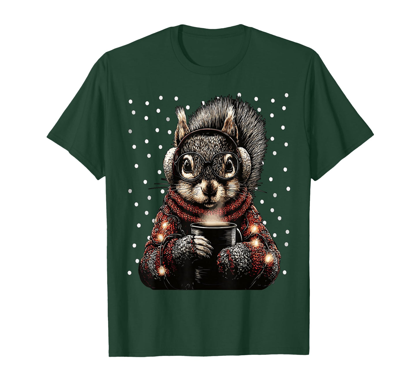 Squirrel with Glasses Christmas Lights Funny Coffee Winter T-Shirt