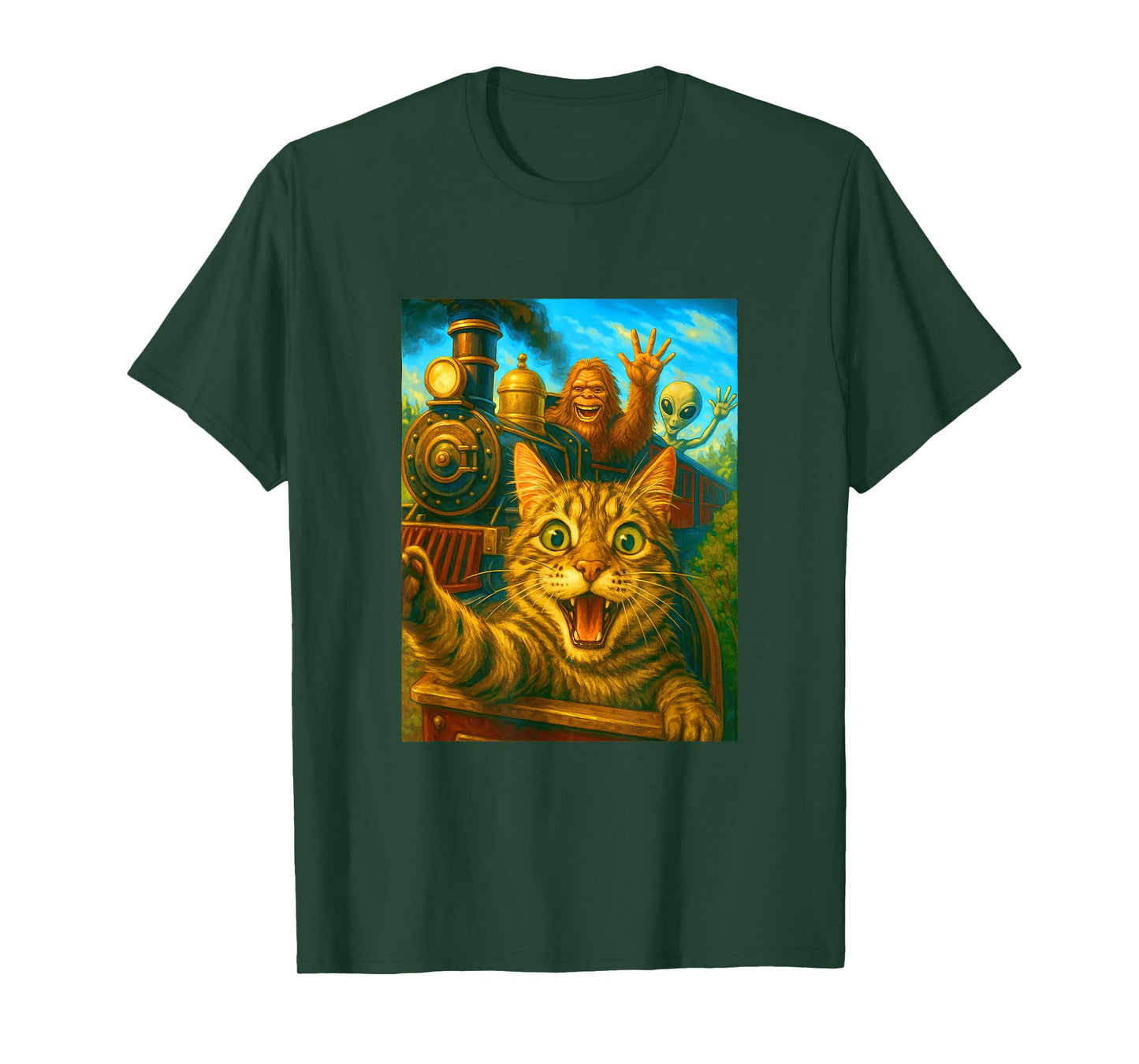 Steam Engine Train Cat Selfie Bigfoot Alien Steam Locomotive T-Shirt