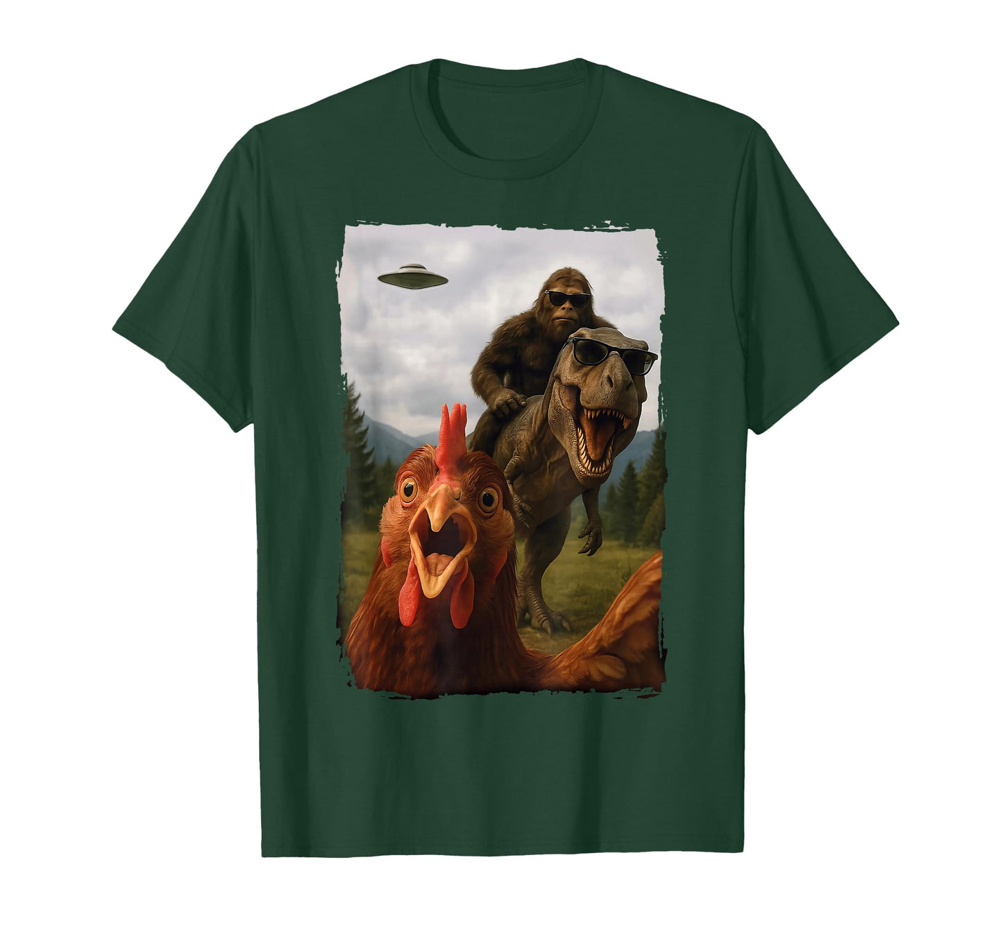 Chicken Bigfoot T-Rex UFO Selfie T-Shirt