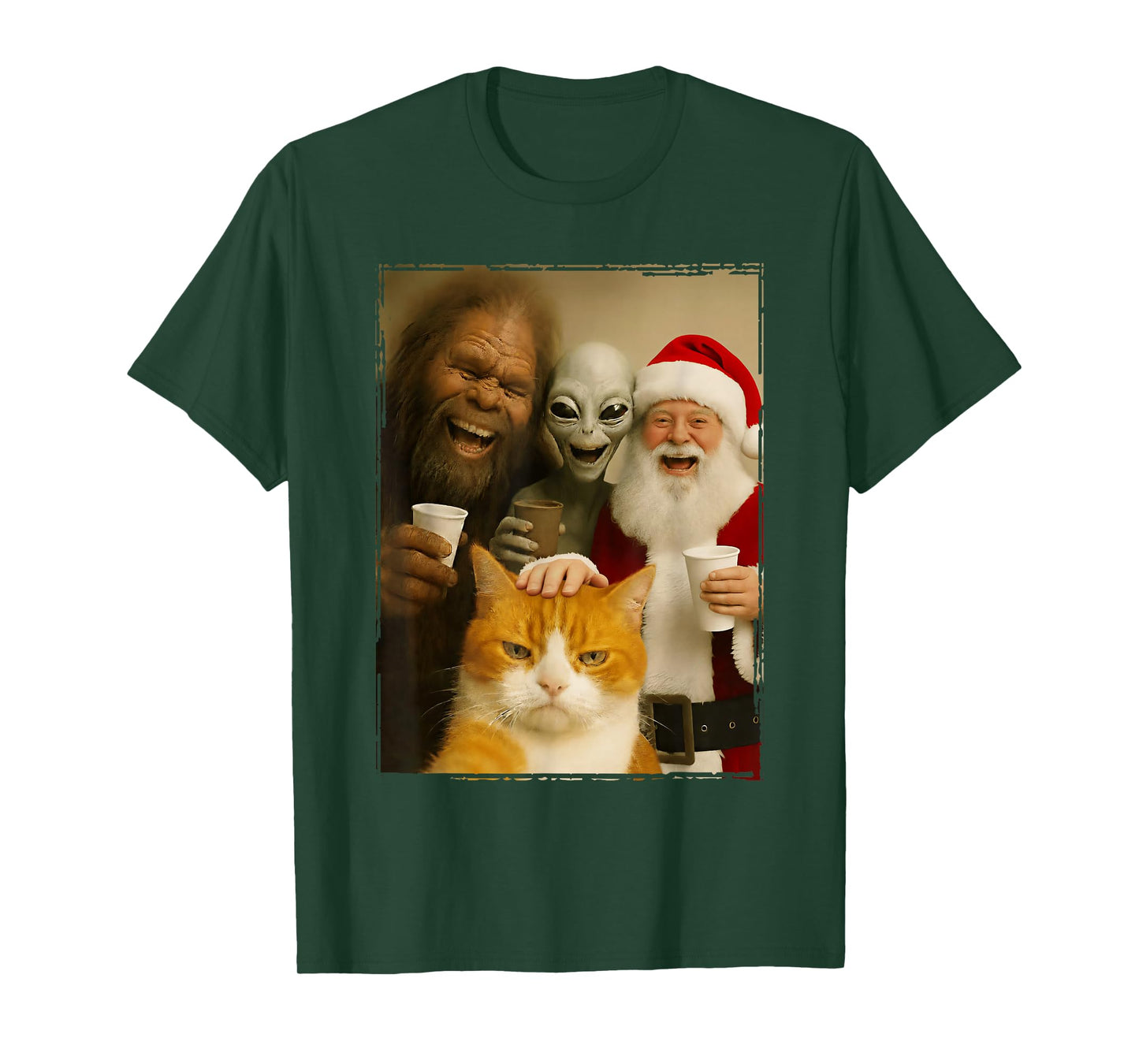 Cat Selfie with Bigfoot, Alien & Santa, Funny Christmas T-Shirt