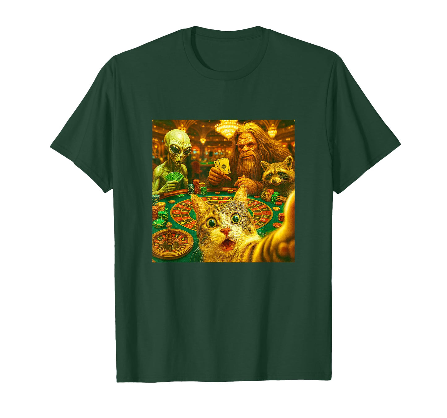 Funny Gambling Cat Raccoon Alien Bigfoot Selfie Art Casino T-Shirt