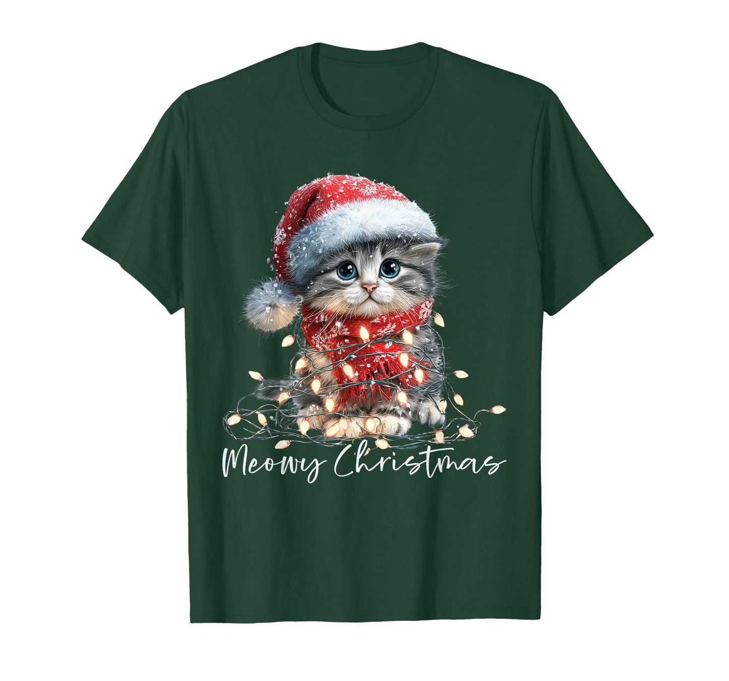Meowy Christmas Black Cat Lights Santa Hat Funny Holiday T-Shirt