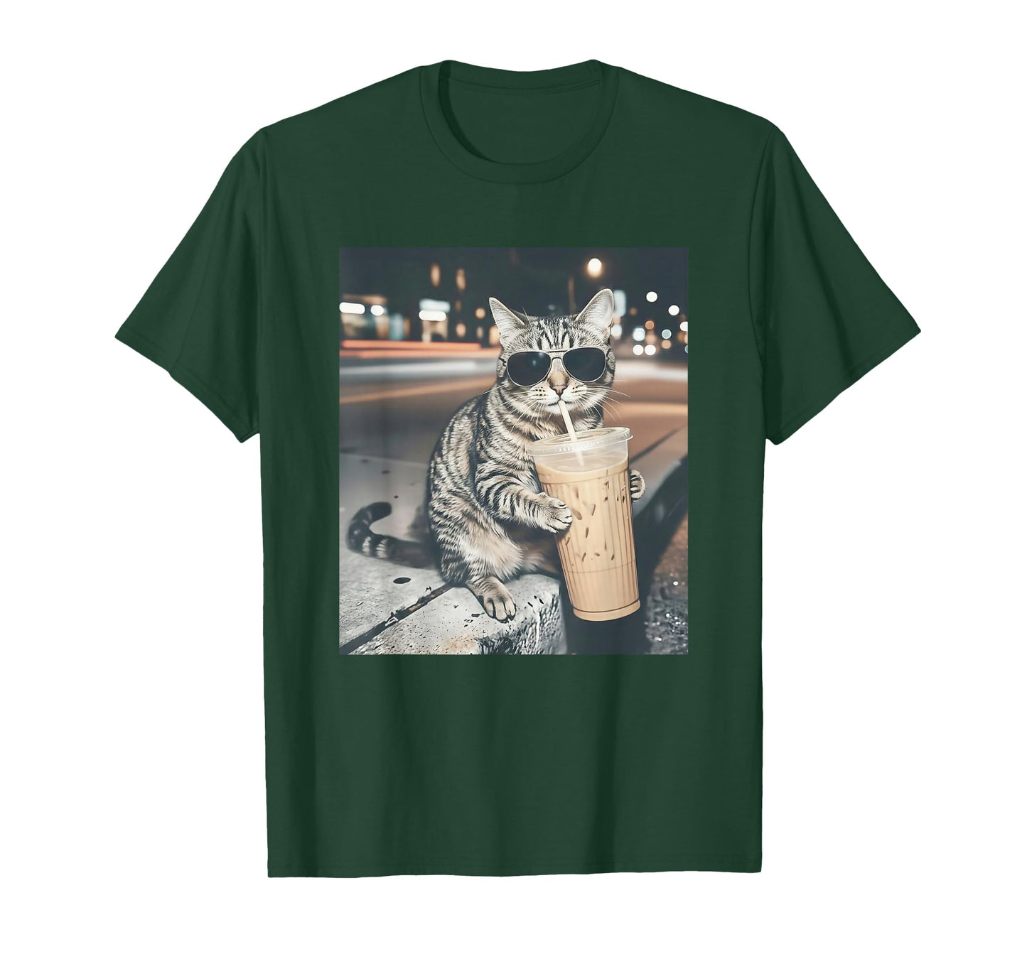 Cat Drinking Iced Coffee Funny Animal Meme Men Women T-Shirt