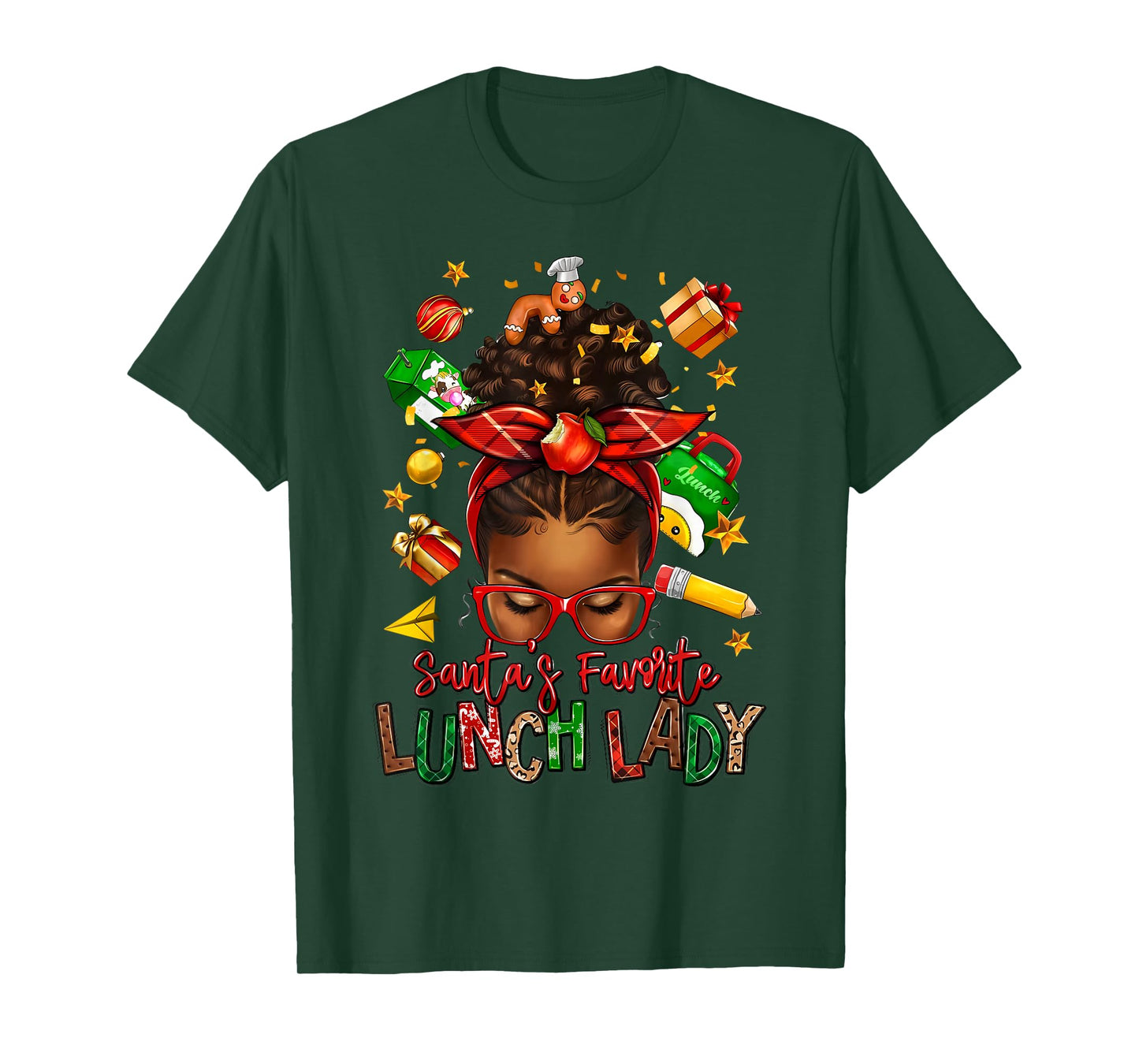 Santa's Favorite Lunch Lady Afro Messy Bun Woman Christmas T-Shirt