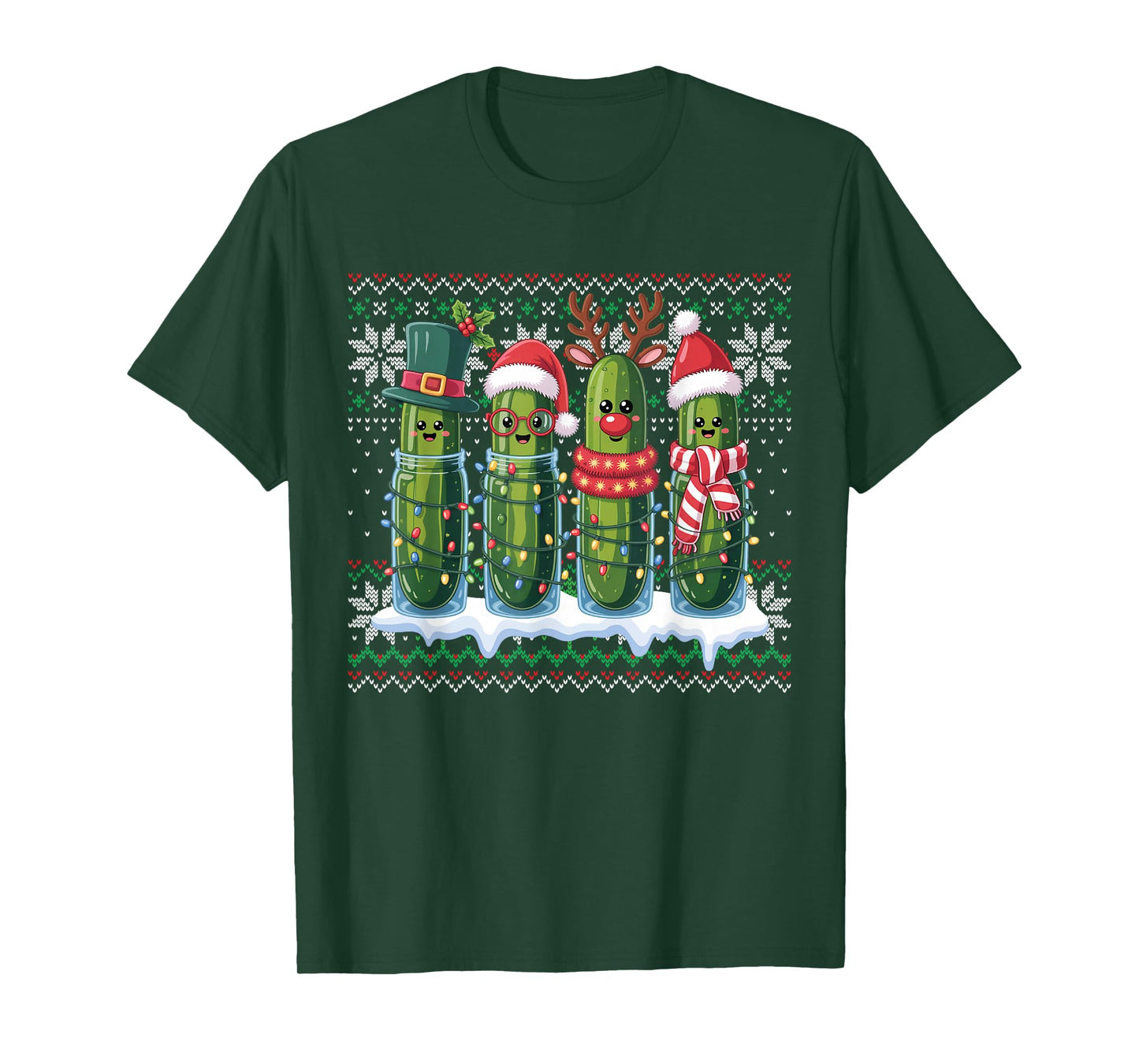 Funny Pickles Christmas Lights Santa Hat Xmas Ugly Sweater T-Shirt