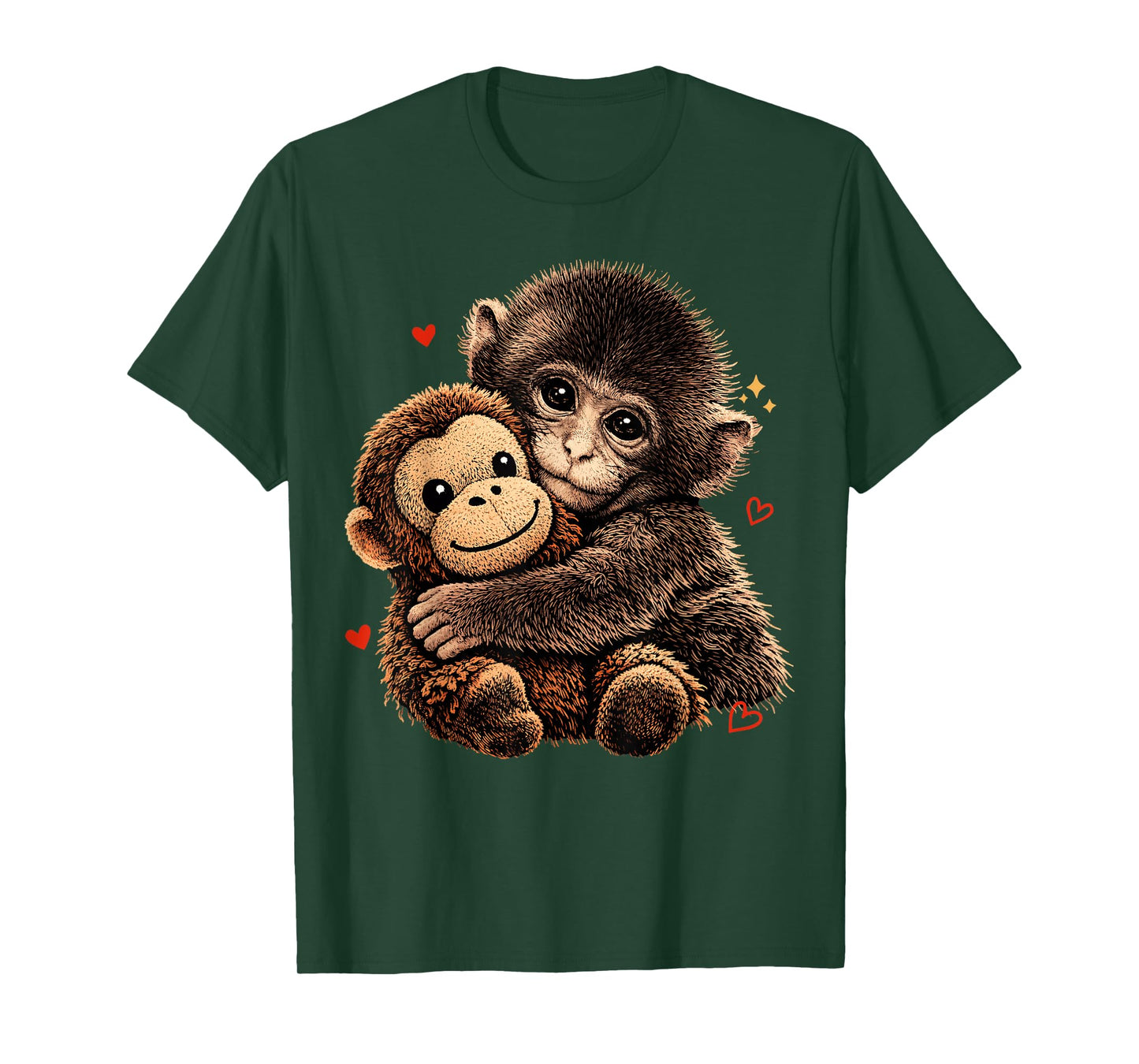 Cute Baby Monkey Hugging Bear Plush Doll Animal Lover T-Shirt
