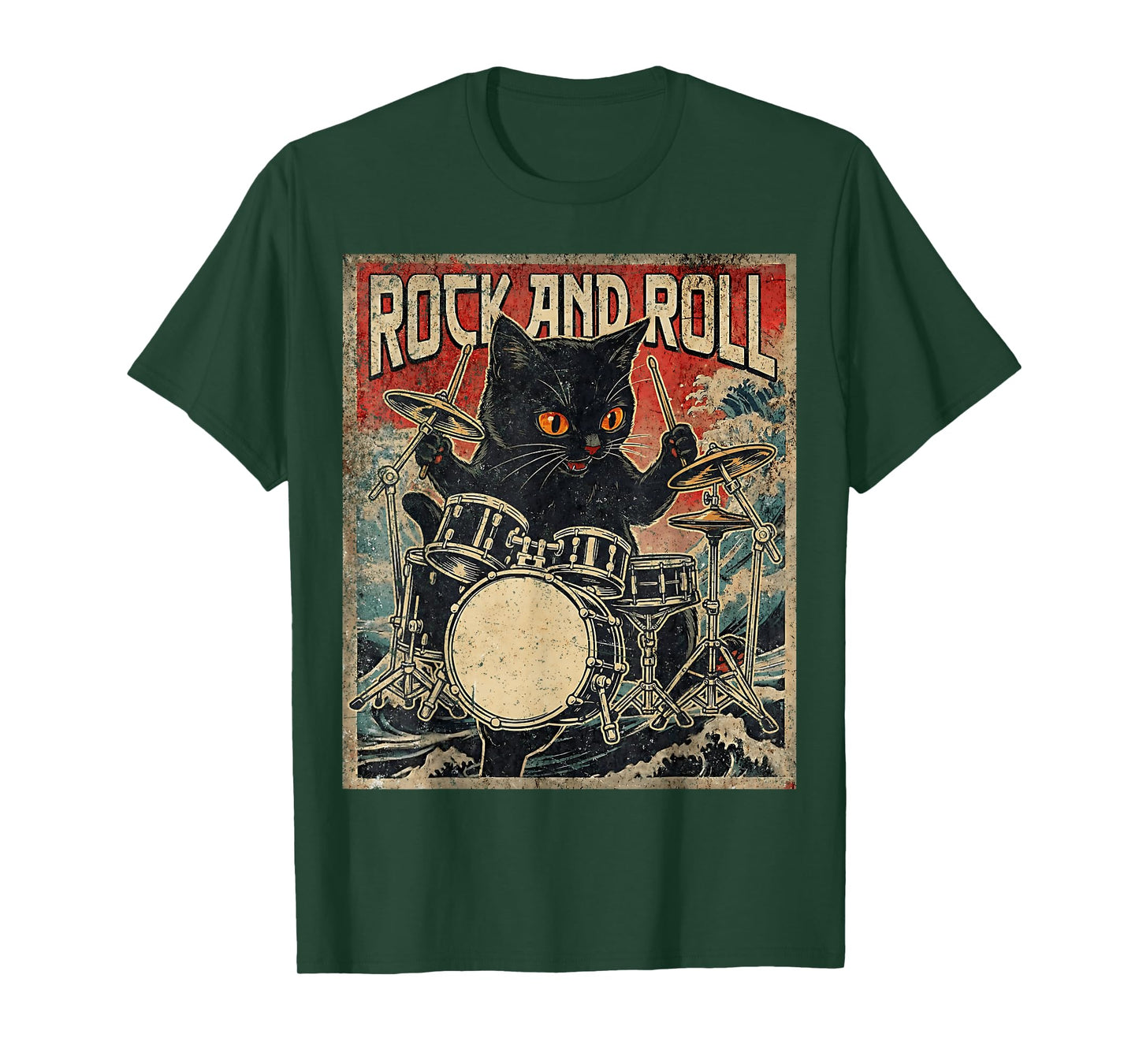 Cat Playing Drums Rock On Vintage Rock Drummer Cat T-Shirt
