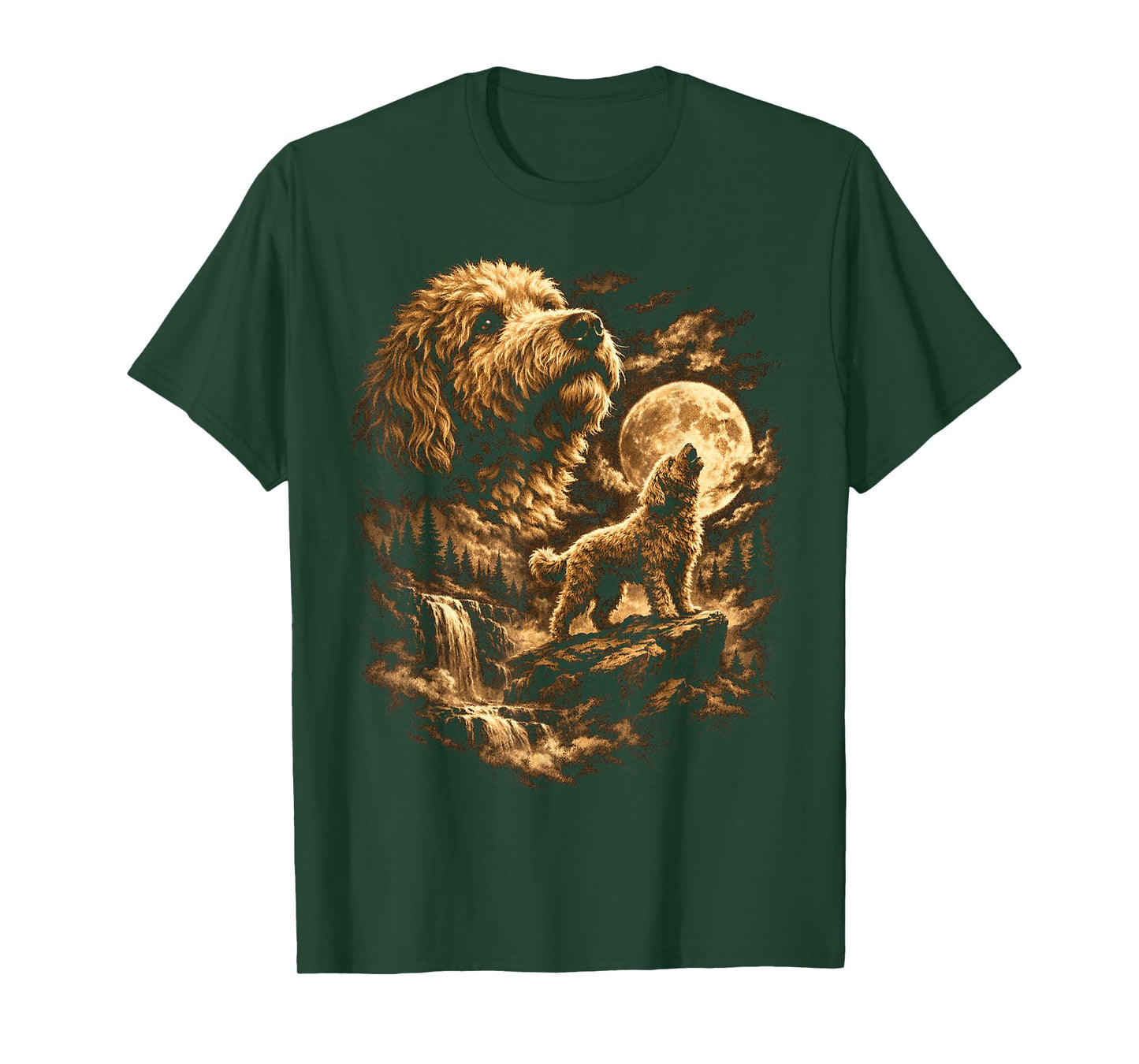 Golden Doodle Dog Howling Moon Fantasy Forrest Wilderness T-Shirt