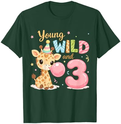 Kids Kids 3rd Birthday Young Wild and Three 3 Year Old Giraffe T-Shirt - T-Shirt | Forest