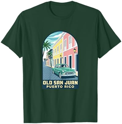 Old San Juan Puerto Rico Vintage Car Travel Poster Design T-Shirt - T-Shirt | Forest