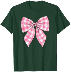 Pink and White Gingham Plaid Coquette Bow Trendy Retro Cute T-Shirt - T-Shirt | Forest
