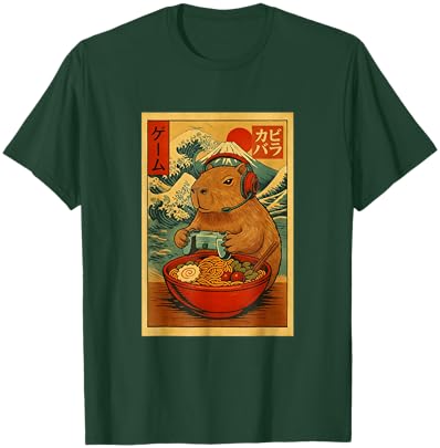 Capybara Gaming Ramen Japanese Ukiyo-e Great Wave Retro Art T-Shirt - T-Shirt | Forest