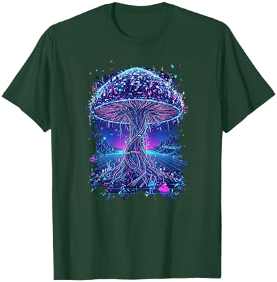 Psychedelic Glitch Mushroom | Cyberpunk Neon Nature Network T-Shirt - T-Shirt | Forest