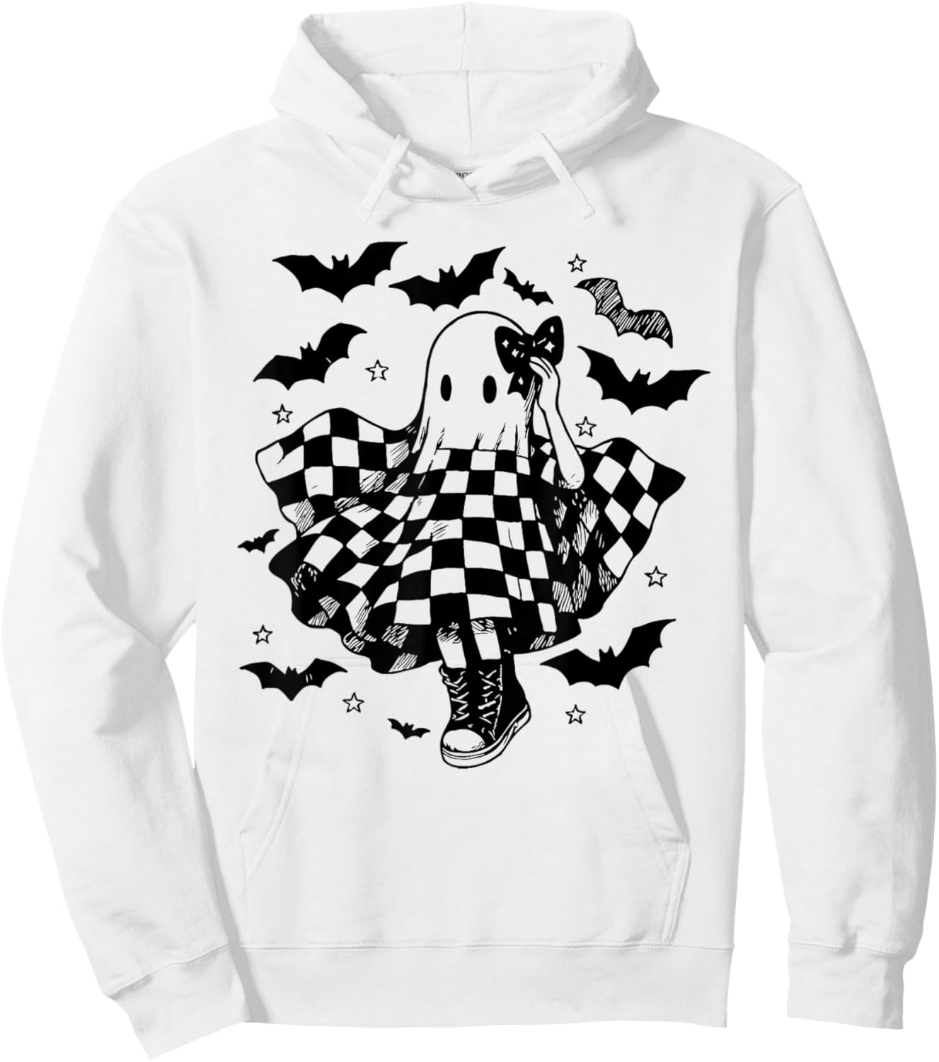 Retro Halloween Checkered Ghost Dance Coquette Bow Hoodie - Hoodie | White