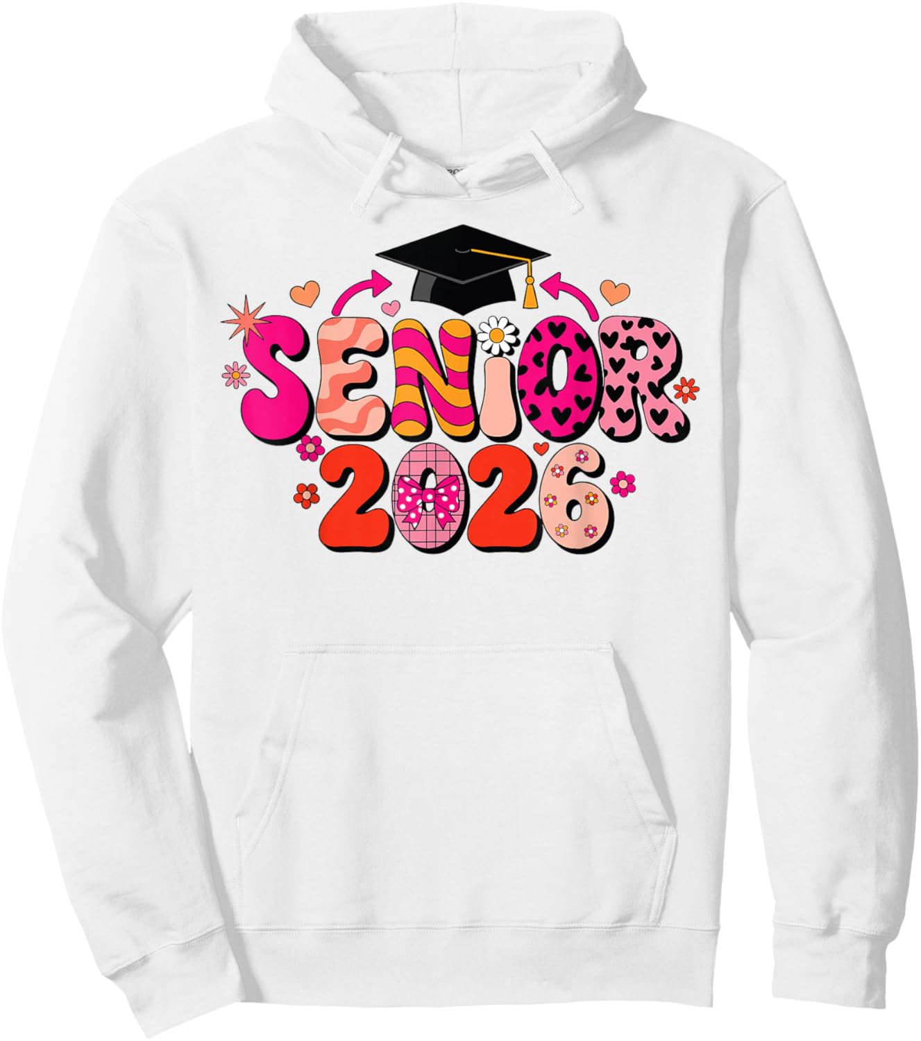Girls Coquette Pink Bow Senior 2026 Groovy Graduation Hoodie - Hoodie | White