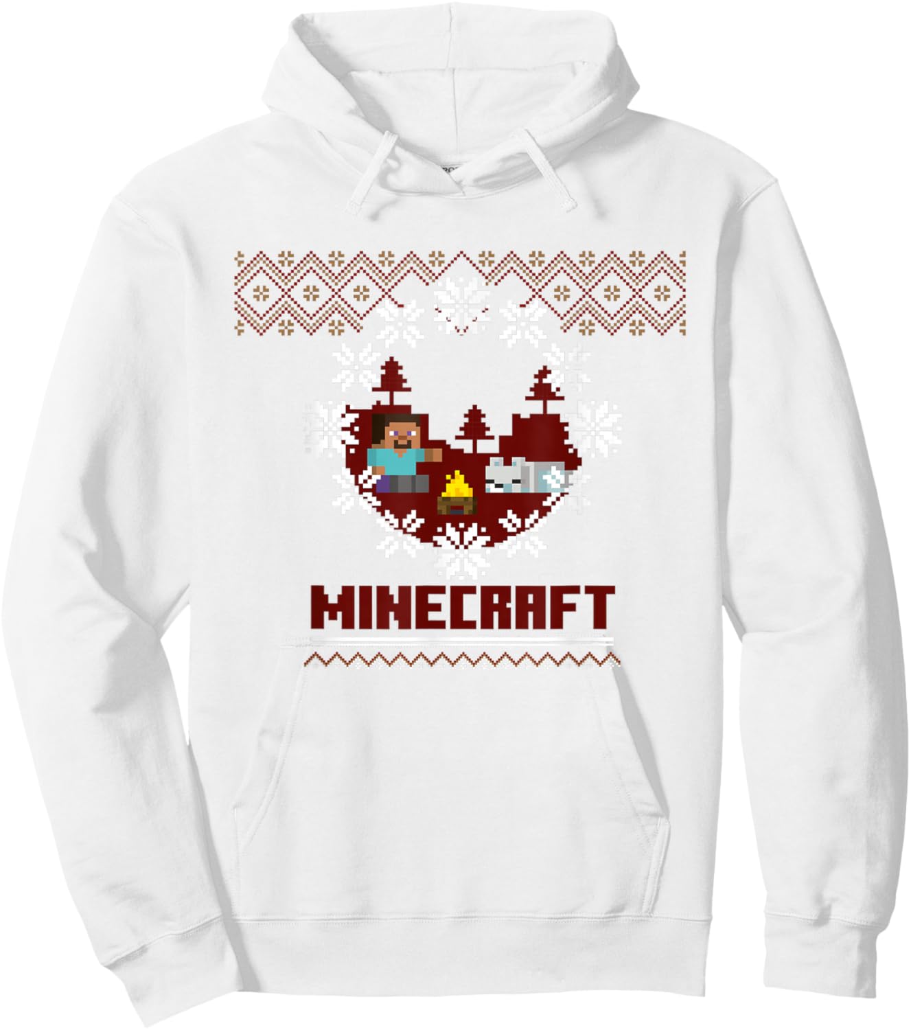 Minecraft Pixel Steve and Wolf Winter Christmas Scene Hoodie - Hoodie | White