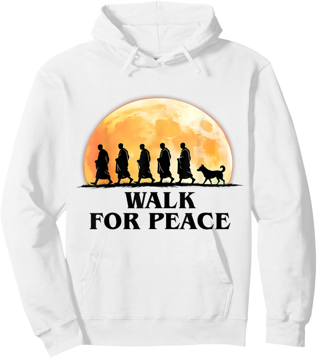 Retro Peace Walking Monks & Dog Minimalist Zen Art Graphic Hoodie - Hoodie | White