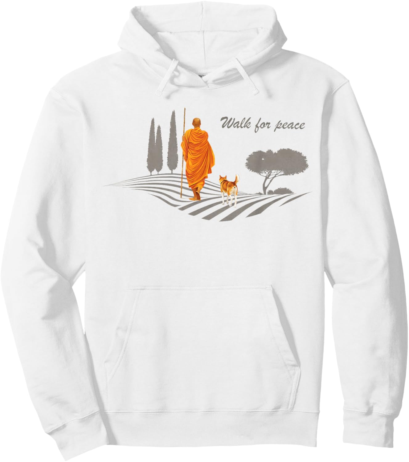Retro Peace Walking Monks & Dog Minimalist Zen Art Hoodie - Hoodie | White