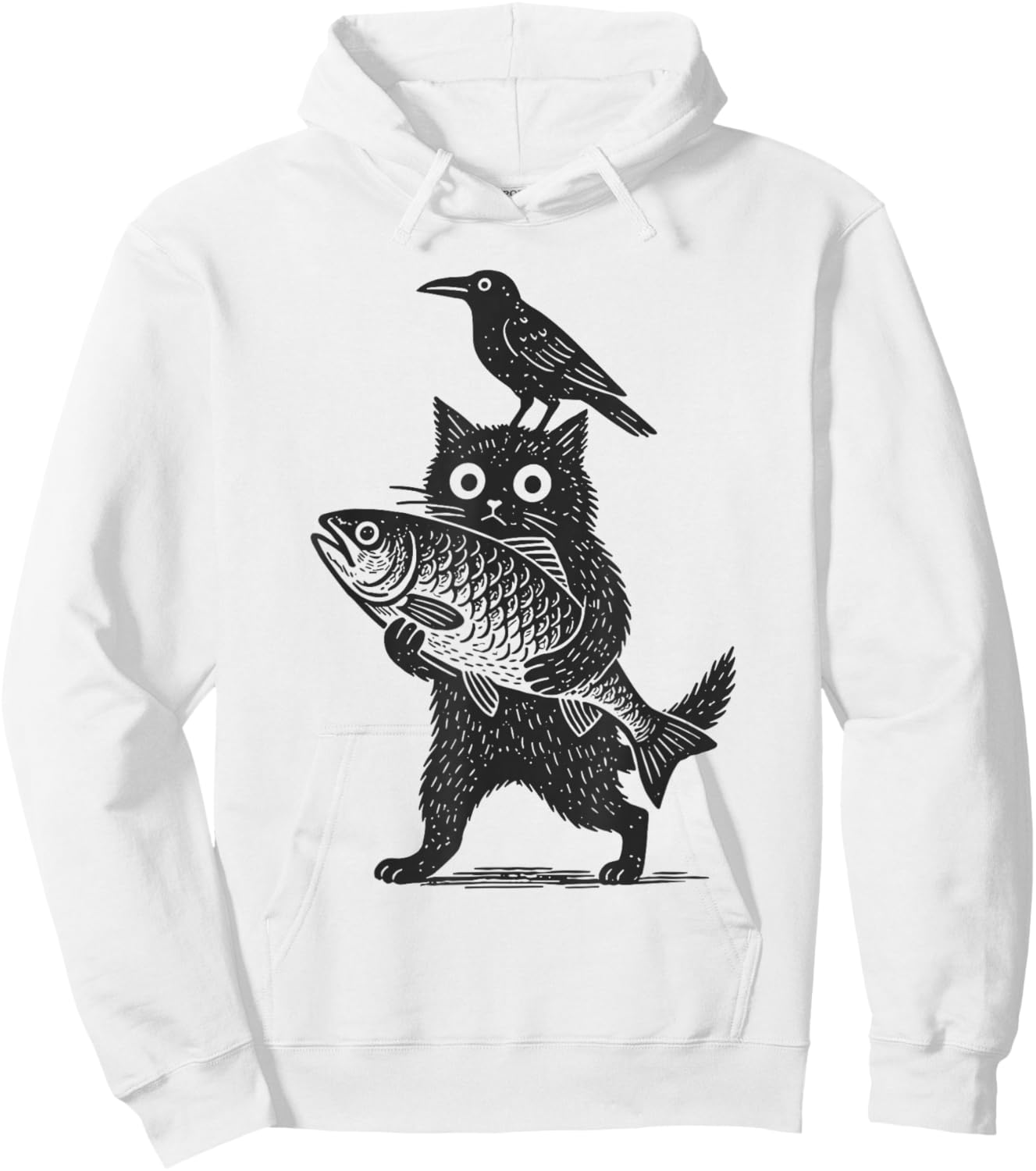 Retro Woodcut Cat with Fish and Crow Funny Animal Graphic Hoodie - Hoodie | White