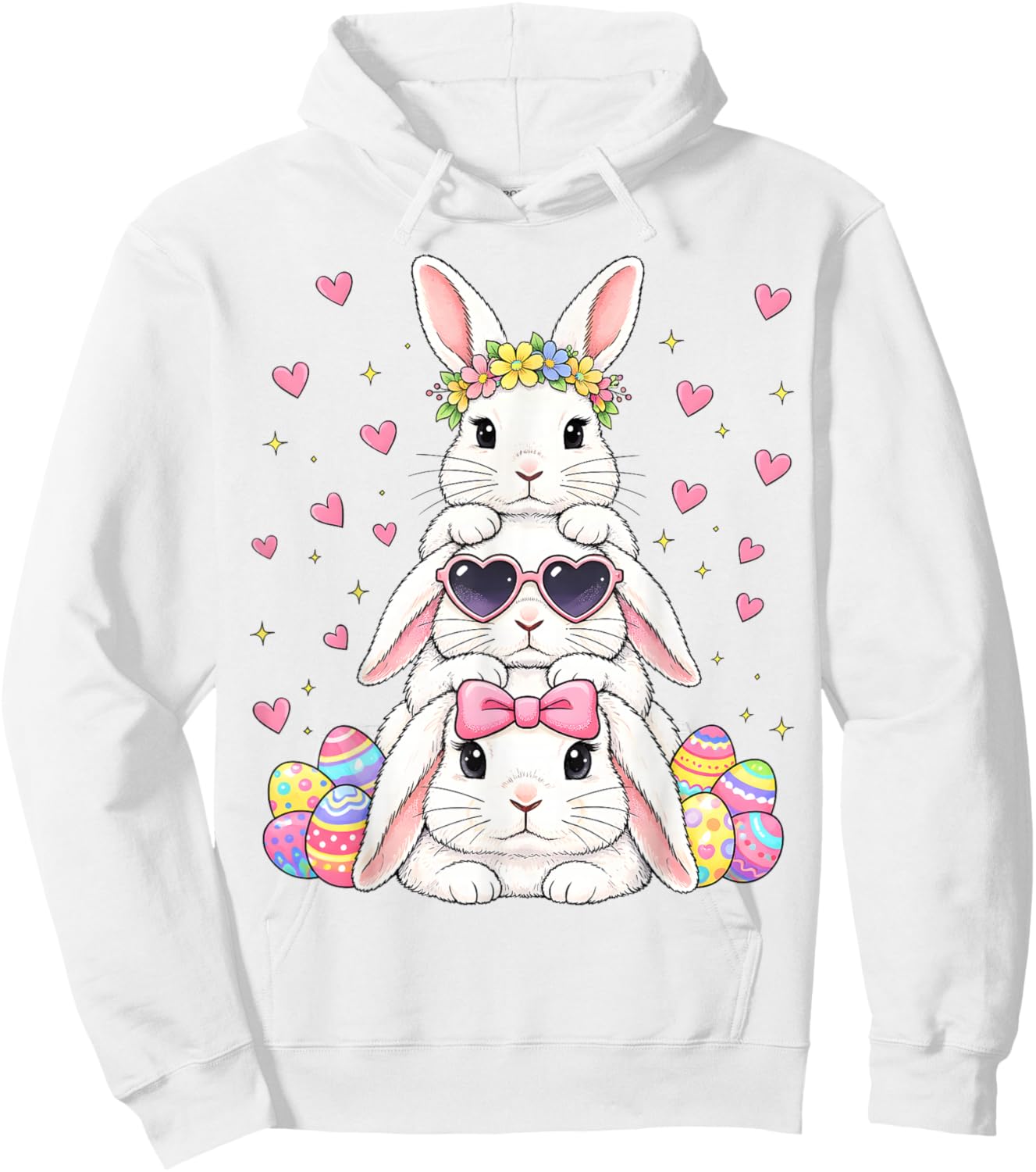 Cute Happy Easter Bunny Stack Floral Easter Eggs Girl Kids Hoodie - Hoodie | White