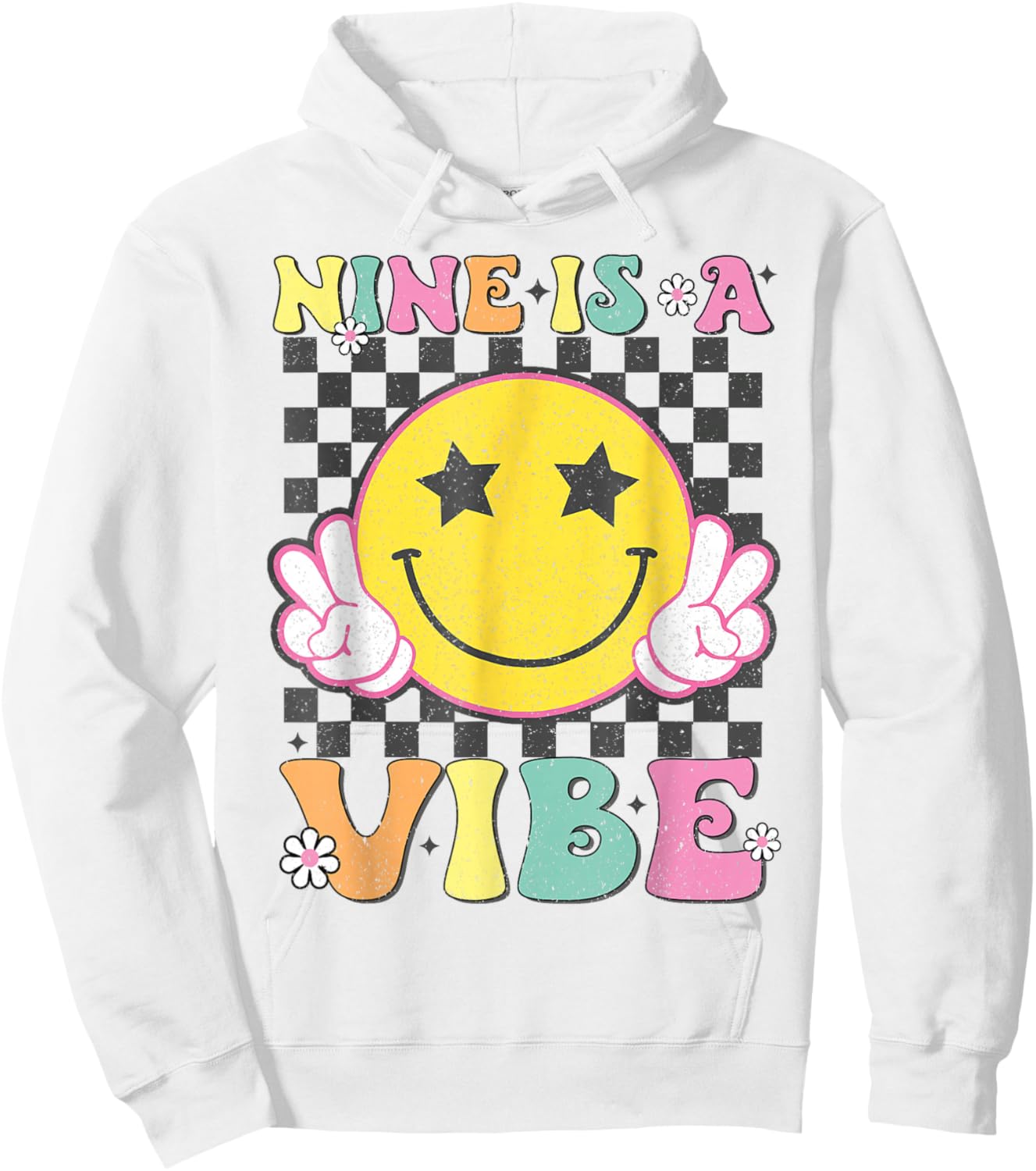 Nine is A Vibe 9th Birthday Groovy Smile Face 9 Years Old Hoodie - Hoodie | White
