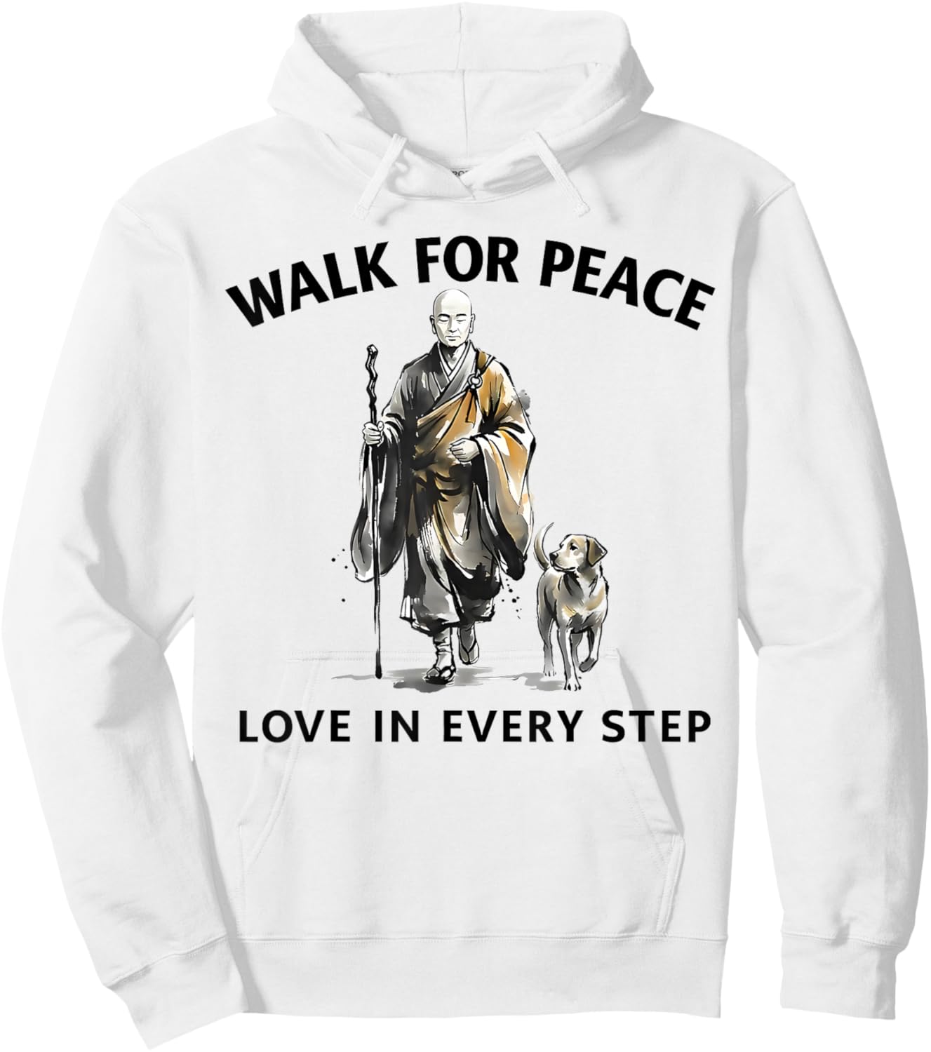 Retro Peace Walking Monks & Dog Minimalist Zen Art Hoodie - Hoodie | White
