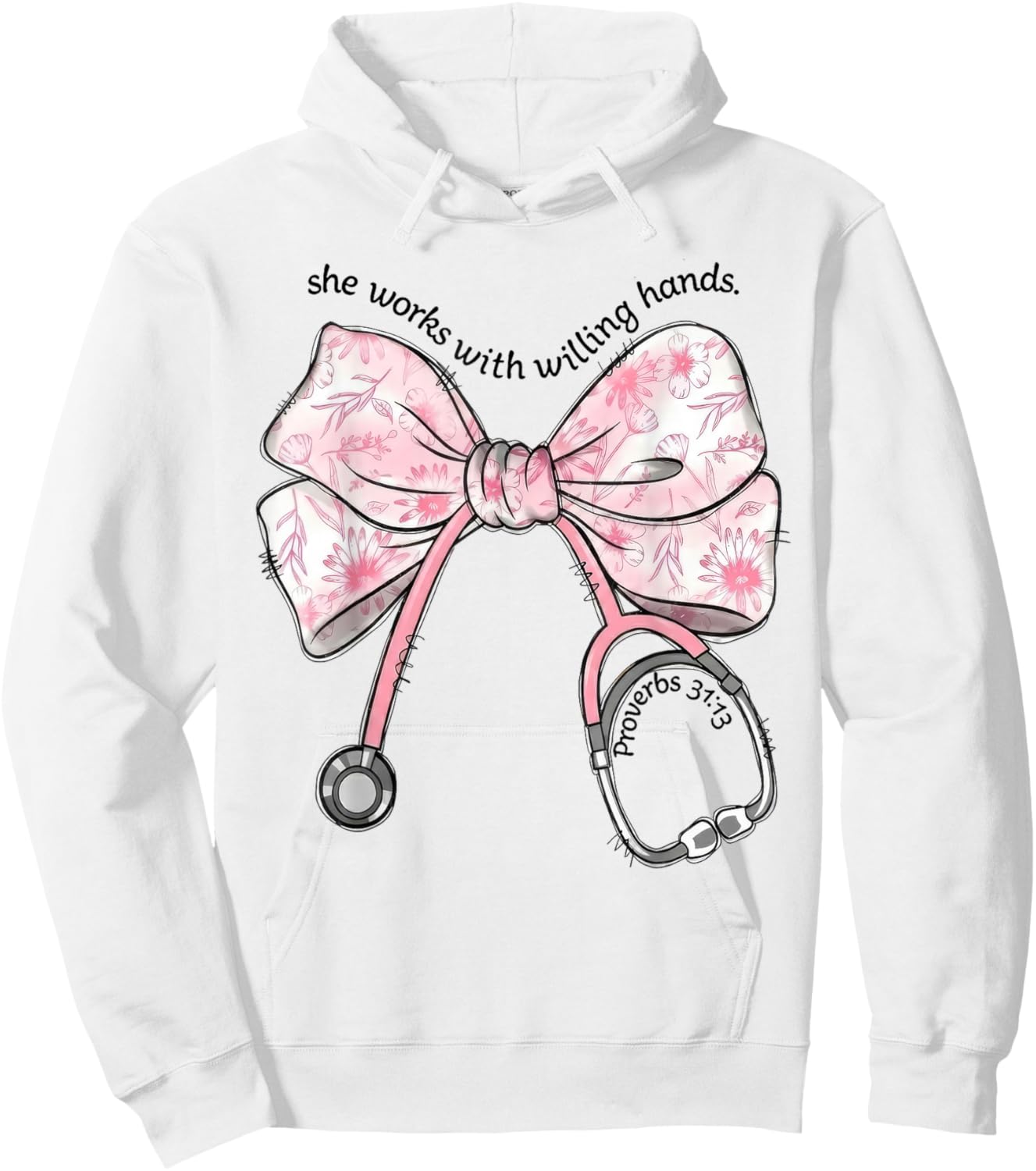 She Works with Willing Hands Nurse Faith Stethoscope Bow Hoodie - Hoodie | White