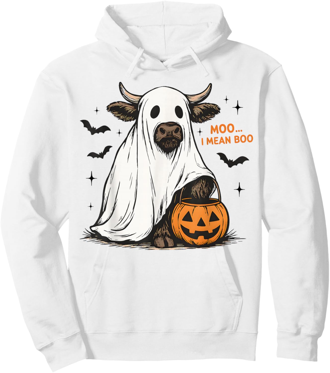 Moo I Mean Boo Funny Highland Cow Ghost Halloween Farmer Hoodie - Hoodie | White