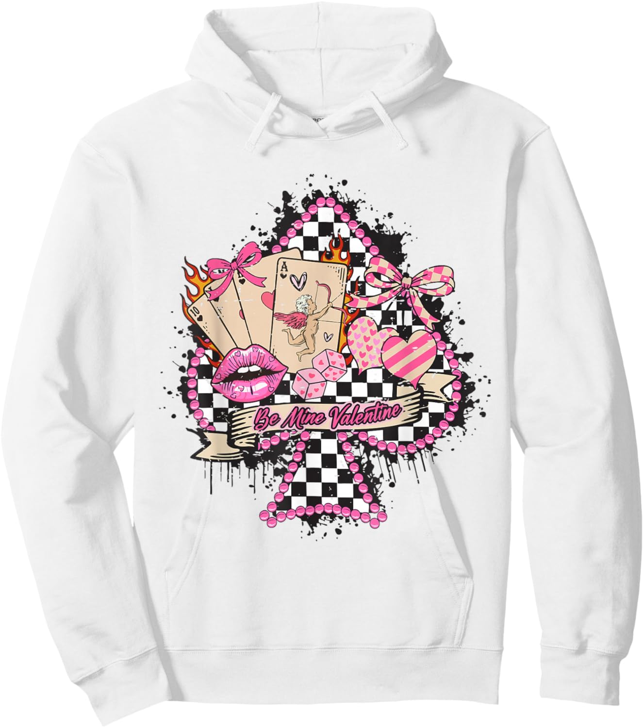 Retro Checkered Western Be Mine Valentine Cherry Bow Cupid Hoodie - Hoodie | White