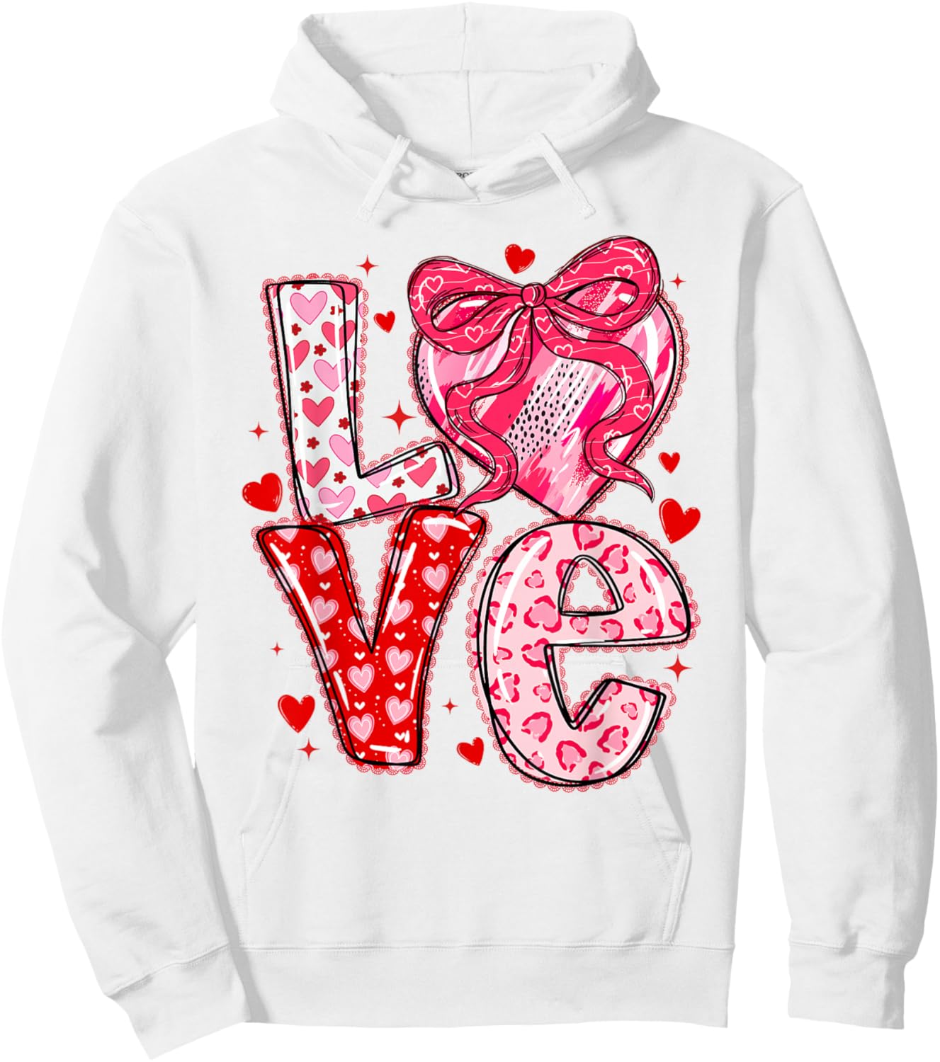 Valentines Day Love Hearts Leopard Coquette Bow Women Girls Hoodie - Hoodie | White
