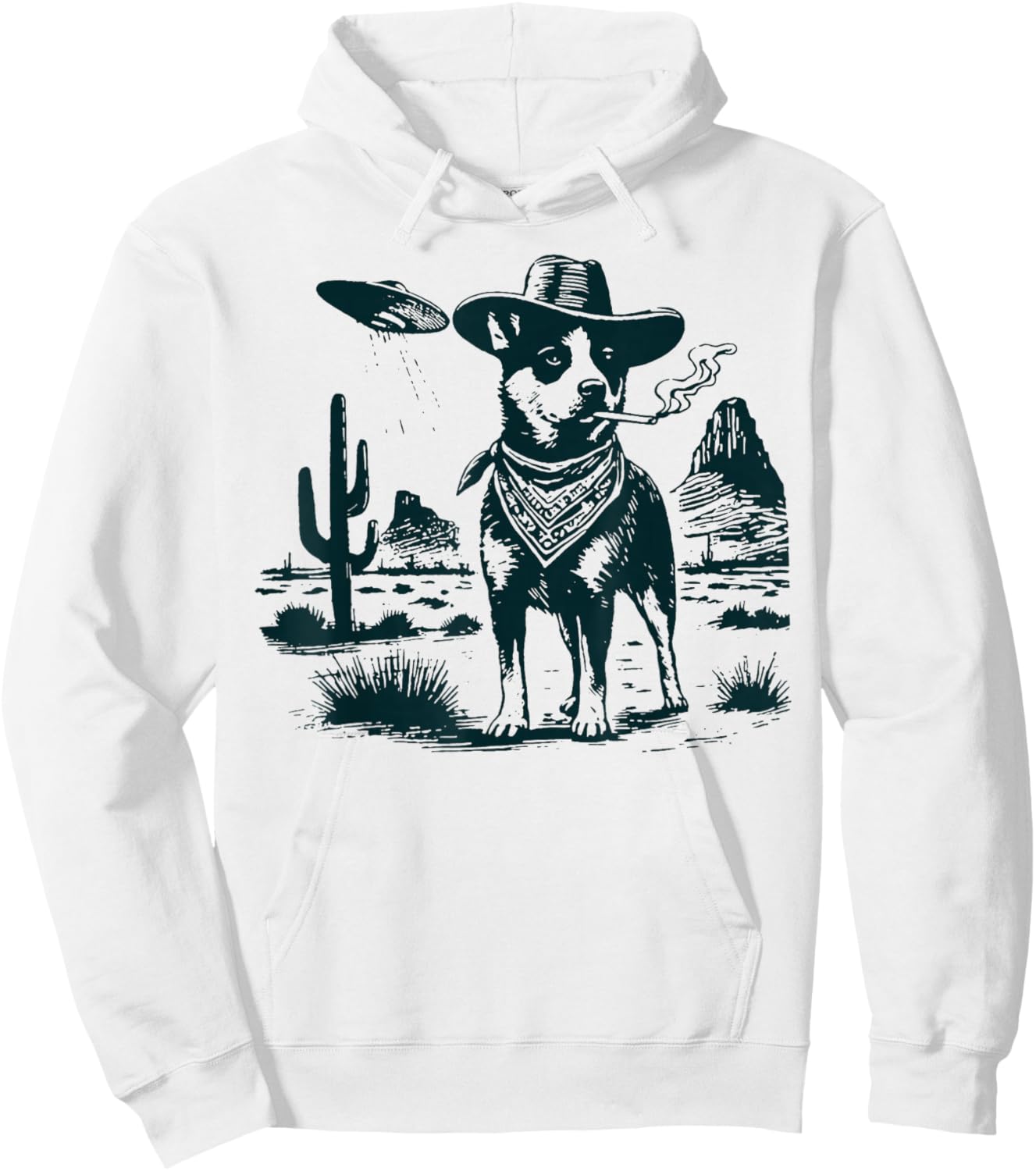 Australian Cattle Dog Smoking with UFO Western Cowboy Dog Hoodie - Hoodie | White