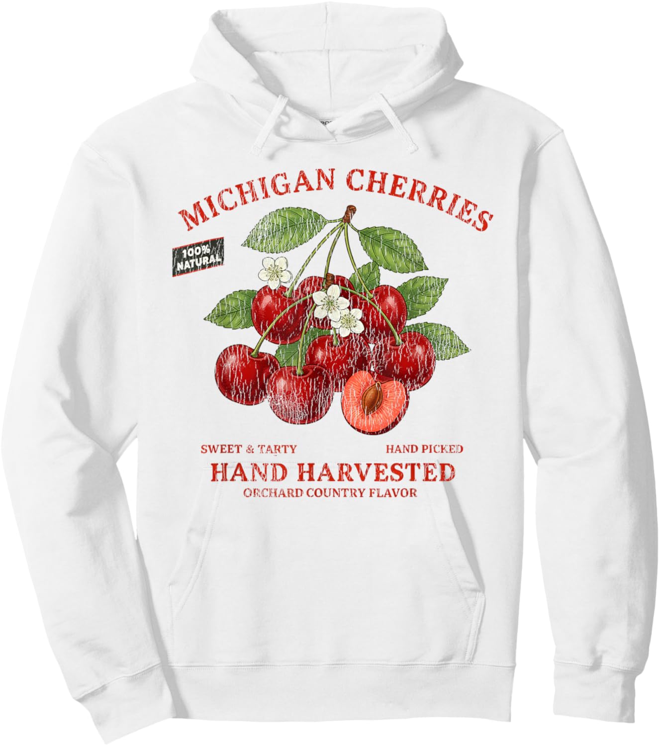Michigan Cherries Retro Fruit Label State Fruit Distressed Hoodie - Hoodie | White