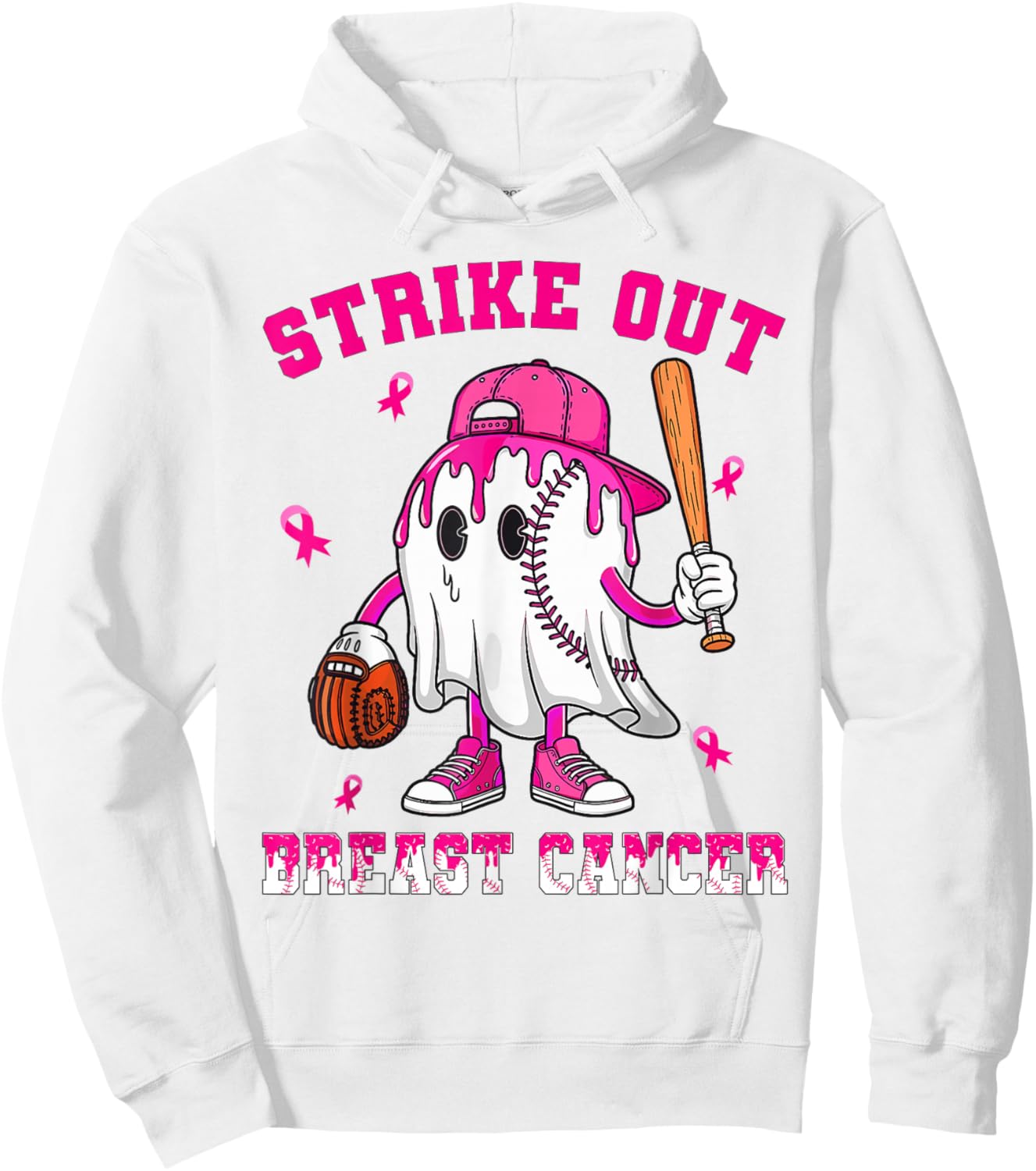 Strike Out Breast Cancer Shirt Boy Baseball Drip Pink Ribbon Hoodie - Hoodie | White