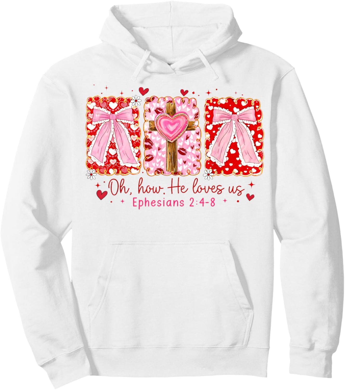 Preppy Christian Valentine Oh How He Loves Us Coquette Bow Hoodie - Hoodie | White
