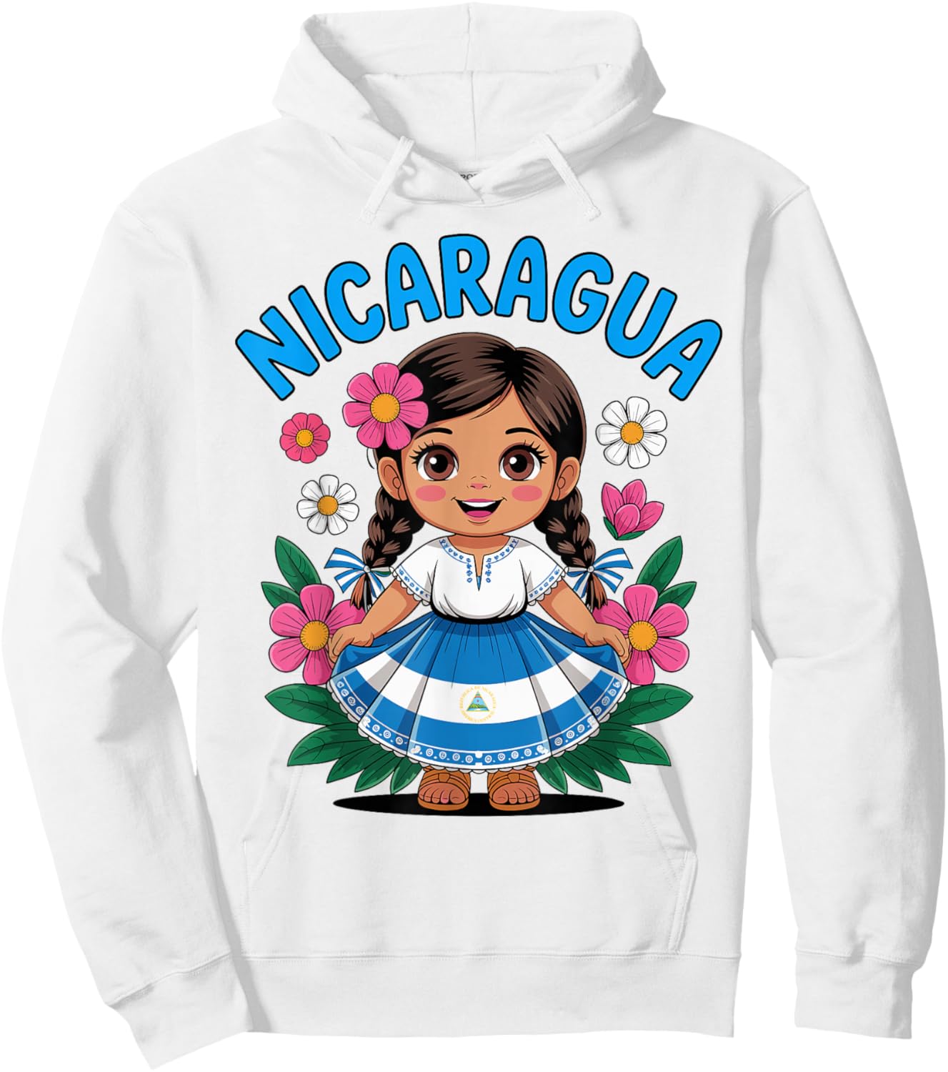 Cute Nicaragua Girl Traditional Dress with Flag Art for Kids Hoodie - Hoodie | White