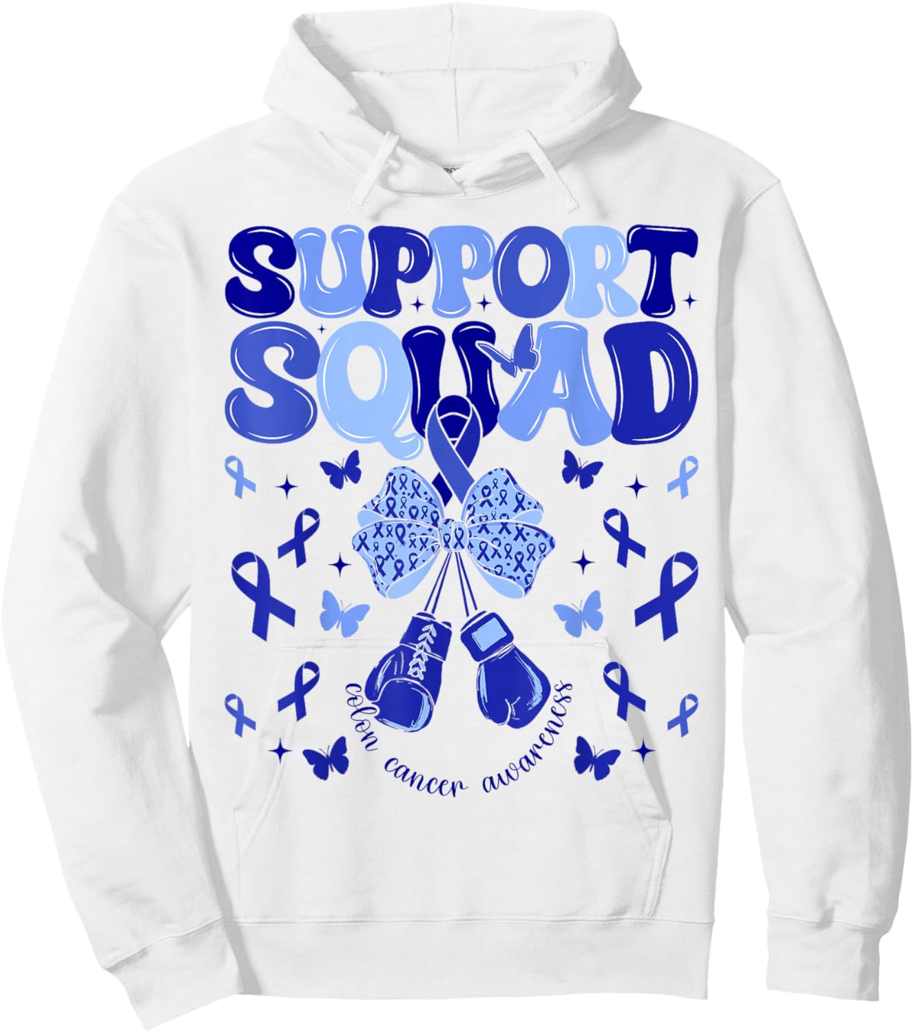 Support Squad Colon Cancer Awareness Blue Ribbon Bow Women Hoodie - Hoodie | White