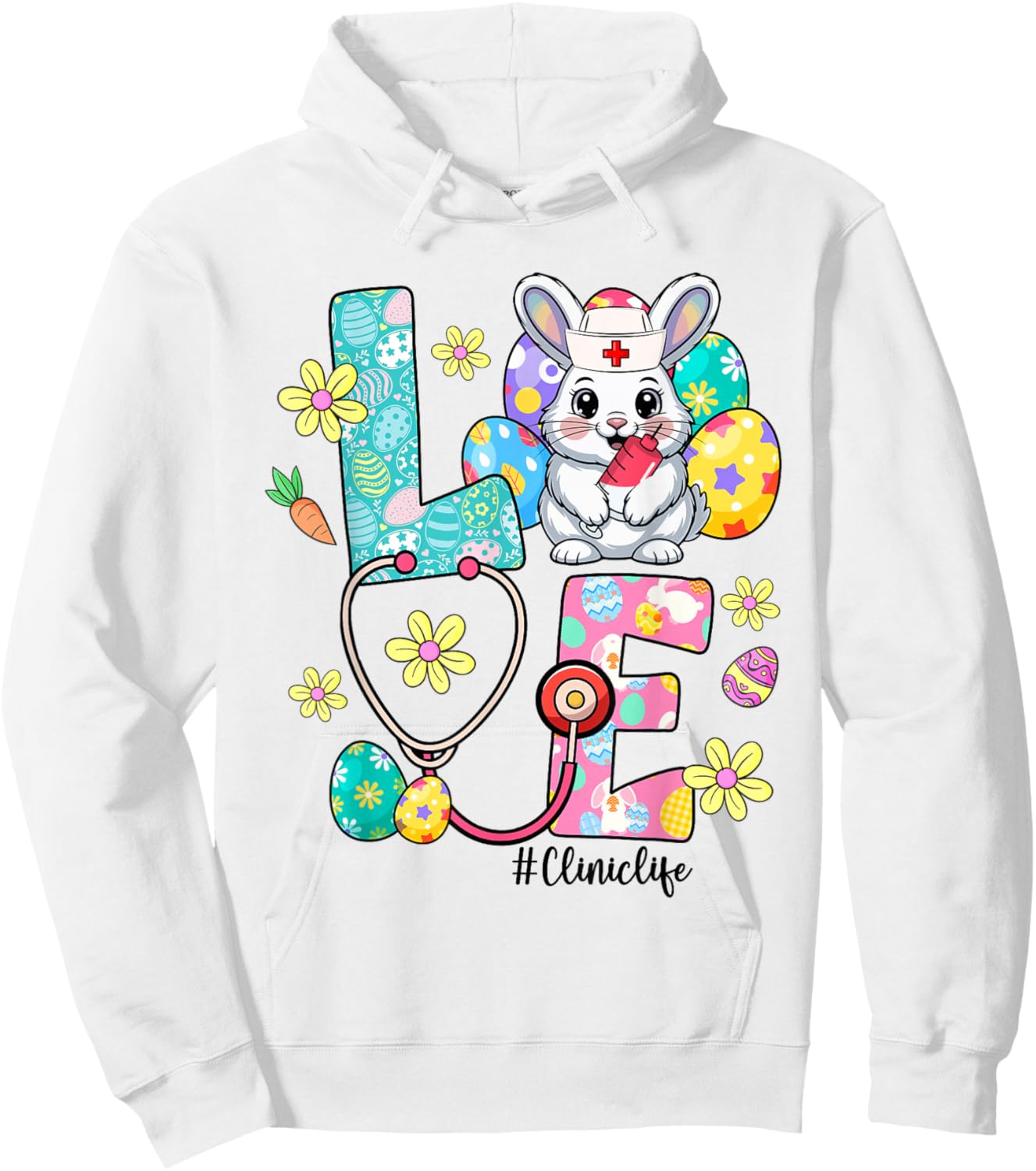 Love Clinic Life Bunny Stethoscope Easter Hoodie - Hoodie | White
