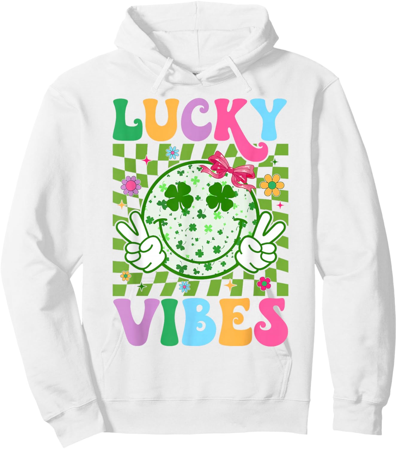 Groovy St Patricks Day Lucky Vibes Shamrock Women Girls Kids Hoodie - Hoodie | White