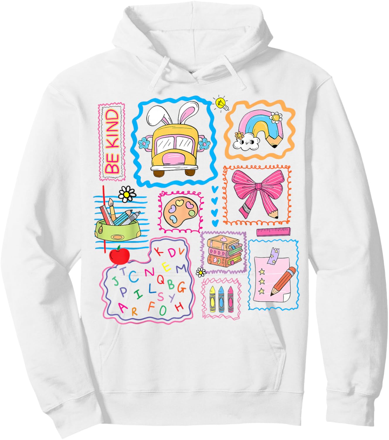 Be Kind School Girls Teacher Coquette Bow Bus Rainbow Crayon Hoodie - Hoodie | White